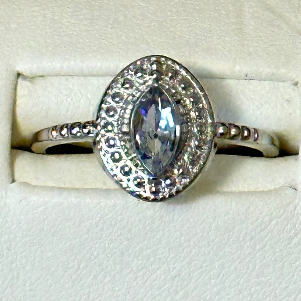 Marquise Blue Stone Silver Tone Halo Ring Size 8.75